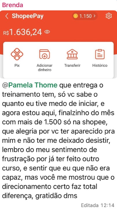 R$ 1.636,24 recebidos — Resultado obtido indicando produtos pela internet.